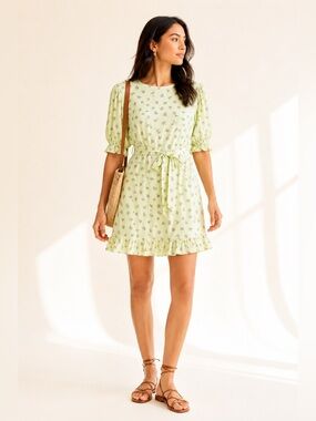 Faithfull The Brand Floral Mini Prairie Rayon Dress Belted Lime Pink Sz L